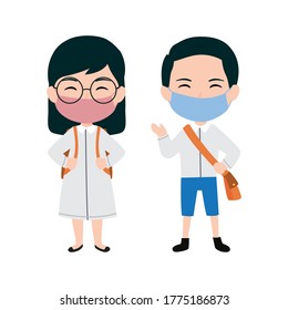 School boy and school girl wearing face mask, ready to go to school vector. Students with face mask. School kids wearing Face Mask to protect from the coronavirus (covid-19) outbreak.
