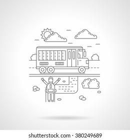 School boy going to school bus. Road scene with sun and clouds on a sky and site with path and  bushes. Single detailed flat line style vector icon. Web design elements for business, site, mobile app.