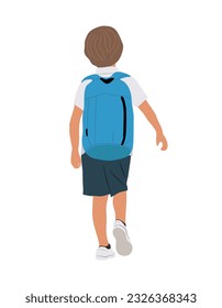 School boy going to elementary, primary school vector illustration isolated on white background. Happy pupil walking with backpack rear view. Back to school concept.