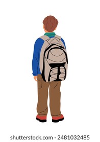 School boy going to primary, elementary school vector illustration isolated on white background. Kid boy standing in bright clothes with backpack rear view. Back to school concept.