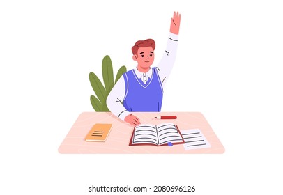 School boy with hand raised up, sitting at desk in class. Smart primary student at table. Active diligent pupil wants to answer. Child at lesson. Flat vector illustration isolated on white background