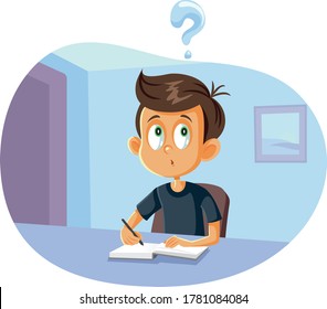 School Boy Having Questions Doing Homework Vector Cartoon. Funny pupil writing trying to solve a math problem 
