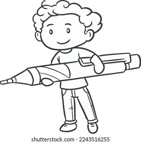 School boy holding big pen in his hands isolated white background. Hand drawn cartoon character vector illustrations. smiling little boy with extra-large Pen .school boy concept
