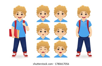 School boy holding book with backpack emotions set isolated vector illustration