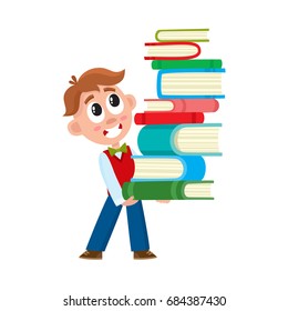 School boy holding, carrying huge stack, pile of book, cartoon vector illustration isolated on white background. Boy holding, carrying pile of books, heavy study load, back to school concept