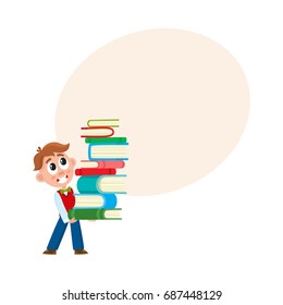 School boy holding, carrying huge stack, pile of book, cartoon vector illustration isolated on white background with speech bubble