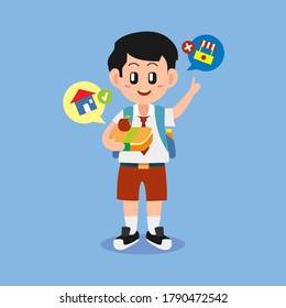 School Boy holding meal lunch box from home. He's saying not to buy food or meal outside of school due to New Normal Safety Protocols.  School and coronavirus spread among children concept.