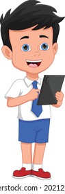 school boy holding phone tablet