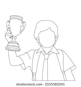 School Boy holding a trophy Line Art vector design. School Boy holding a trophy outline illustration design.