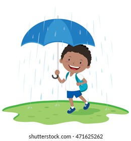 School boy holding umbrella in the rain. Vector illustration of a little boy with umbrella in the rainy day.