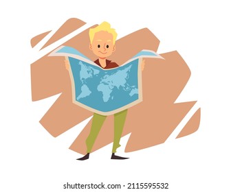 School boy holds geographical map, concept of education - flat vector illustration isolated on white background. Children study environment and world.