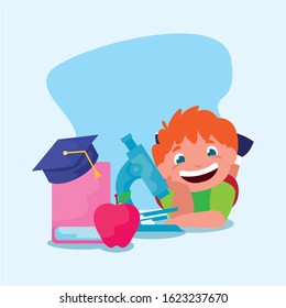 School boy kid with book design, Eduaction class lesson knowledge preschooler study learning classroom and primary theme Vector illustration