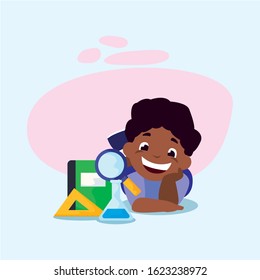 School boy kid with notebook design, Eduaction class lesson knowledge preschooler study learning classroom and primary theme Vector illustration