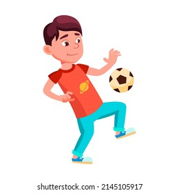 School Boy Kid Playing Soccer Sport Game Vector. Smiling Caucasian Schoolboy Kicking Ball On Leg And Play Soccer On Playground. Character Sport Active Time Flat Cartoon Illustration