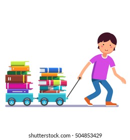 School Boy Kid Pulling Wagon Cart With Pile Of Books. Little Pupil Hungry For Knowledge. Colorful Flat Style Cartoon Vector Illustration Isolated On White Background.