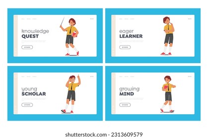 School Boy Landing Page Template Set. Young Scholar Character Different Poses and Expressions. Child Thinking, Show Thumb Up, Carry Book, Holding Pointer and Idea. Cartoon People Vector Illustration