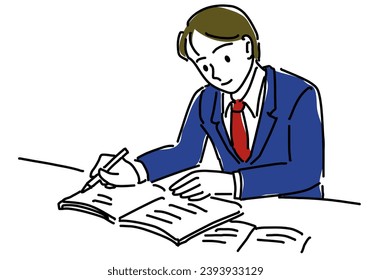 school boy learning for entrance exams hand drawing illustration, vector