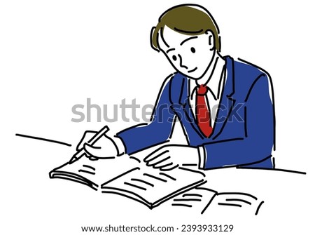school boy learning for entrance exams hand drawing illustration, vector