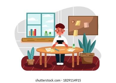 School boy learning online course on mobile. Cartoon flat vector illustration isolated on white background.