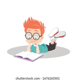 School boy with orange hair reeding a book. A 10-years child in glasses lying on the floor and learning his lesson. Turquoise green t-shirt and brown trousers. Flat cartoon style. Educational poster