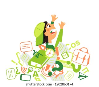 School boy overloaded by homework. Information stress. Flat vector illustration