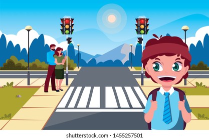school boy with parents stop station street