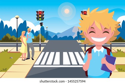 school boy with parents stop station street