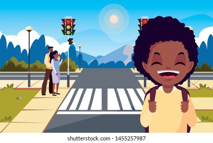 school boy with parents stop station street