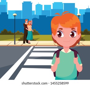 school boy with parents stop station street