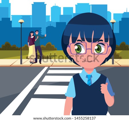 school boy with parents stop station street
