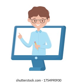 Escolar con diseño de lápiz y computadora, clase de educación, conocimiento de enseñanza preescolar, aula de aprendizaje y tema primario Ilustración vectorial