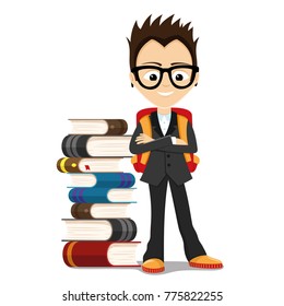 A school boy with a pile of books.