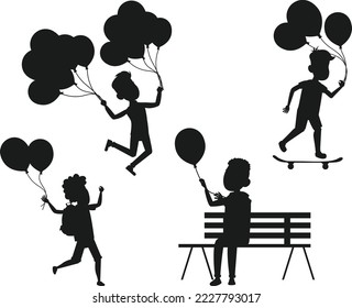 School Boy playing balloon cartoon isolated vector Silhouette
