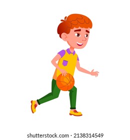 School Boy Playing Basketball Sport Game Vector. Schoolboy Child Play With Basketball Ball On Sportive Playground. Happy Character Pupil Kid Championship Event Flat Cartoon Illustration