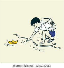 school boy playing with paper boat at river side vector line art illustration