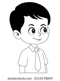 A school boy  portrait, smiling and face Retro comics black and white line art drawing, cartoon advertising illustration.