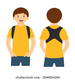  School boy with posture corrector. Scoliosis, Kyphosis treatment.Vector illustration