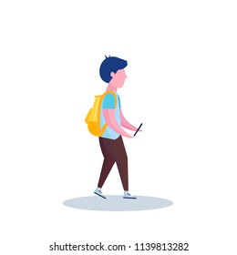 school boy profile isolated using smartphone male cartoon character full length flat vector illustration