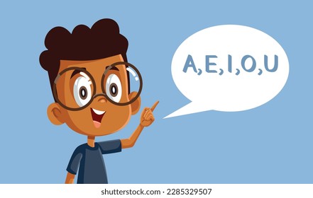 
School Boy Pronounces the Vowels Vector Cartoon Illustration. Cheerful child speaking enumerating sounds 
