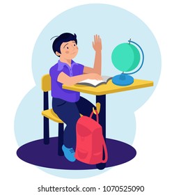 School boy pulls hand. School desk, globe and backpack. Vector illustration. Flat design.