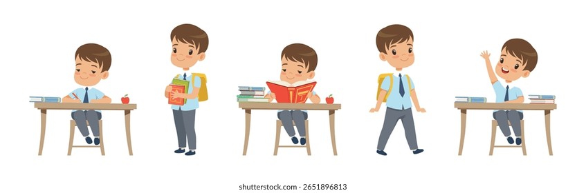 School Boy Pupil Character in Uniform Vector Set