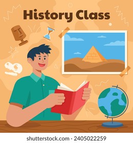 School boy reading ancient world history.