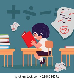 school boy reading book in class