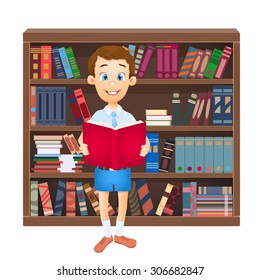 school boy reading a book and library. vector illustration