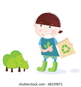 School boy is recycling. Recycling is perfect way to save forest! Vector Illustration of school boy.