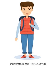 school boy in red gilet with backpack