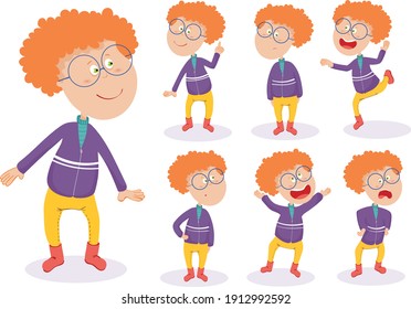 School Boy red hair with glasses. Set with different positions vector illustration isolated	