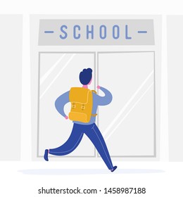 School Boy Running With Backback To School, Child Or Student Going To Education, College Or University. Science And Educational Concept. Vector Illustration