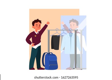 School boy schedule concept. Little boy dressing up to go to school. Student putting on his school uniform. Child schedule, modern lifestyle. Isolated vector illustration in cartoon style