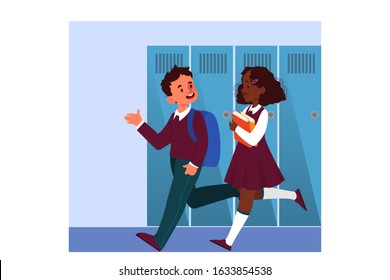 School boy schedule concept. Little children at school. Happy children in the corridor. Students get education. Vector illustration in cartoon style